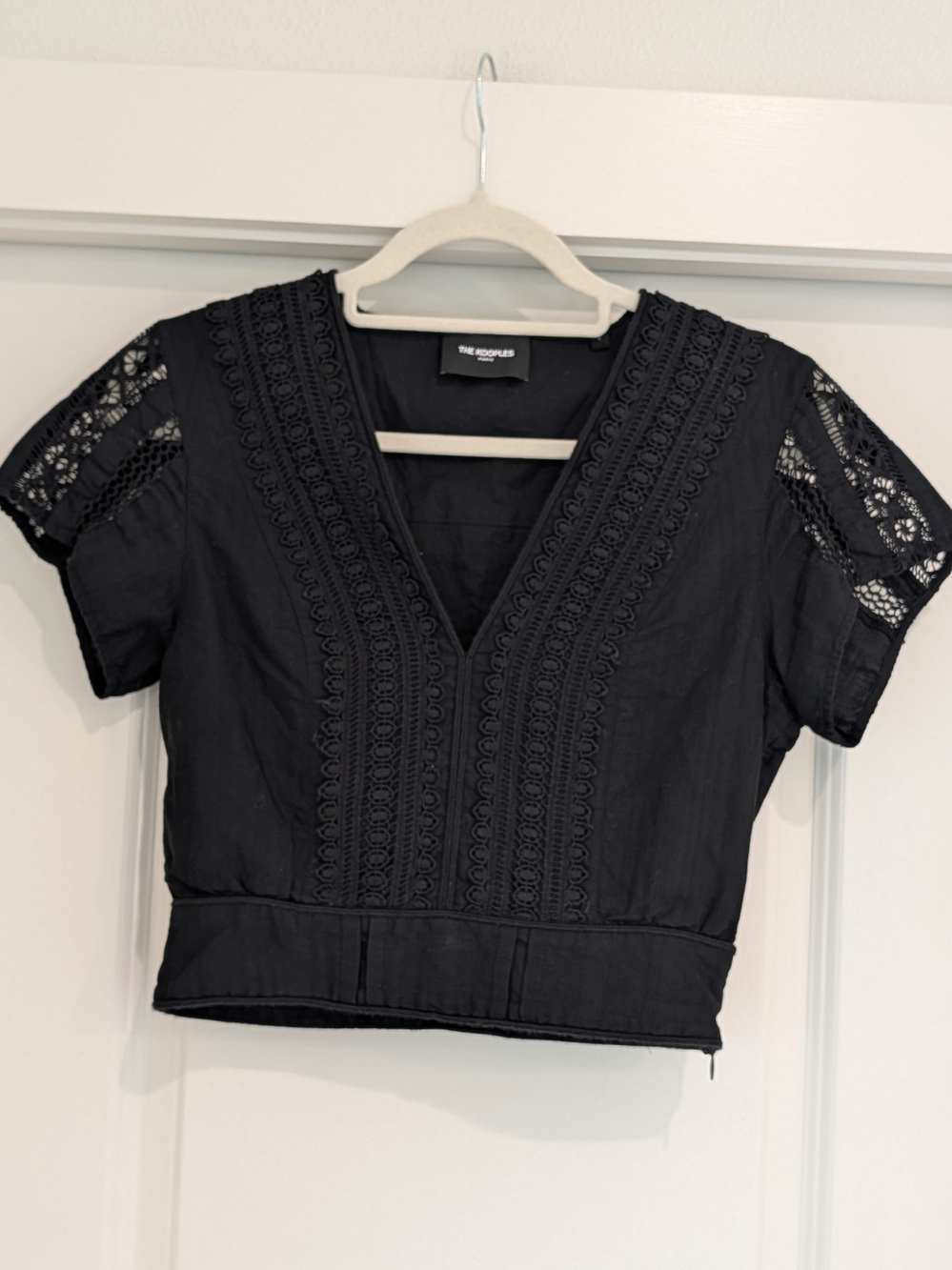 The Kooples Paris Black Lace Trim 100% Cotton Cropped Blouse XS